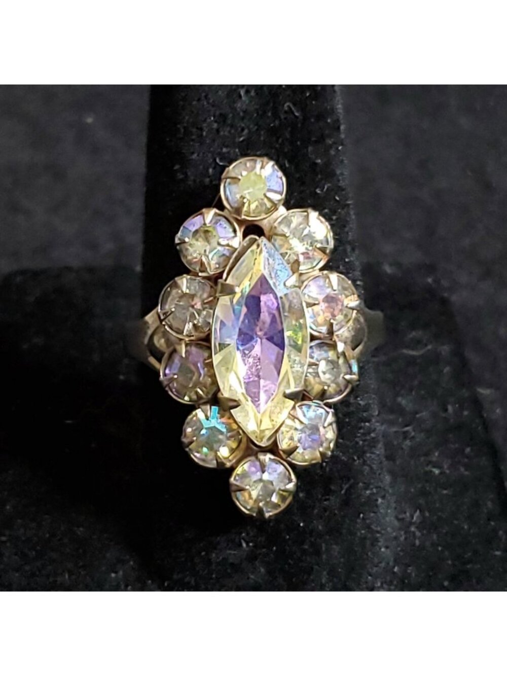 Vintage Rhinestone Cocktail Ring Sz 7 Aurora Borealis AB Gold Tone Adjustable